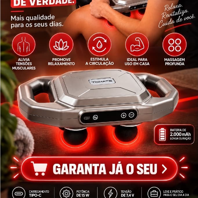 Massageador Elétrico Tomate AM-026 Muscular Profundo 4 Cabeças Recarregável Portátil