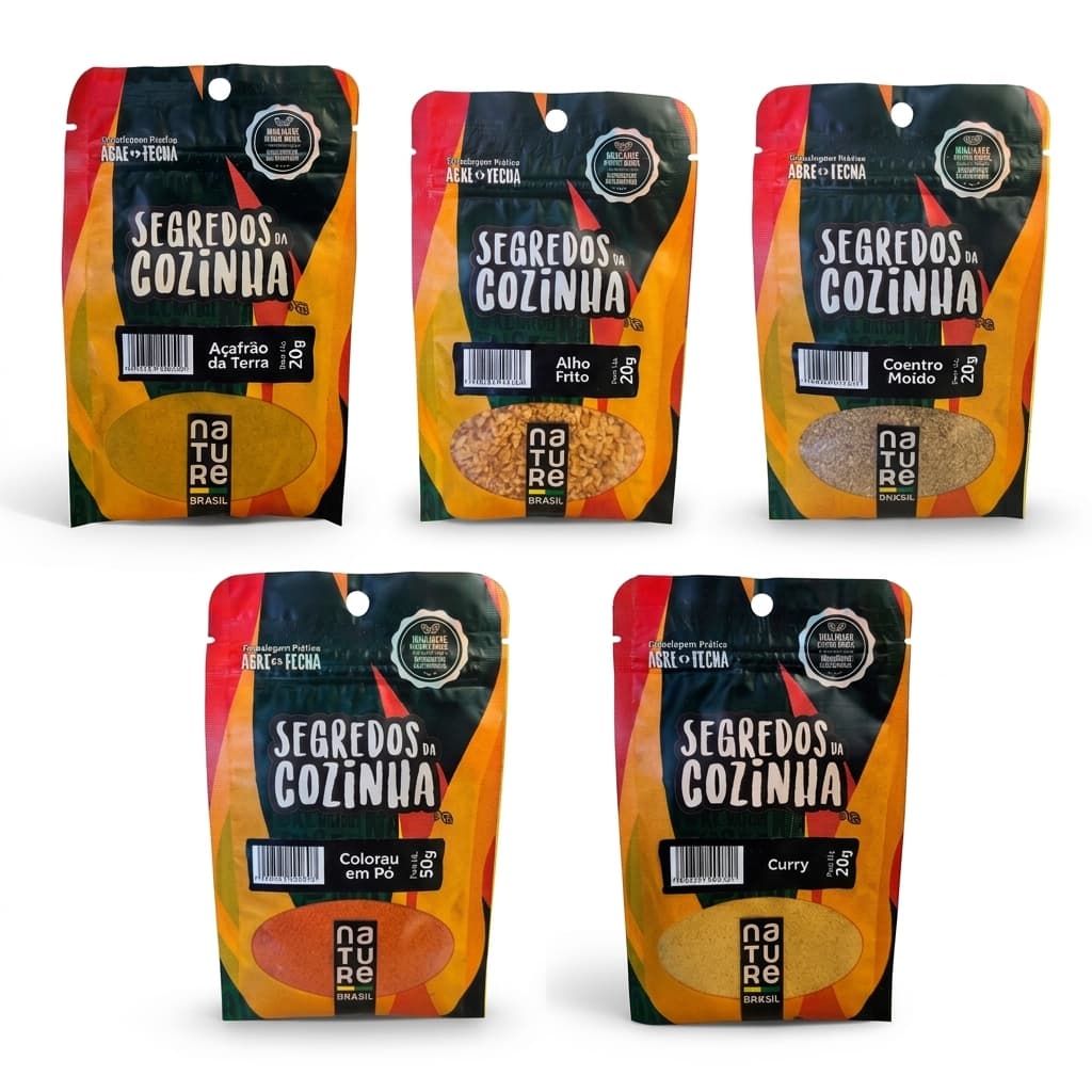Kit Temperos Nature Brasil Segredos da Cozinha Embalagem Abre e Fecha 5 Unidades 130g