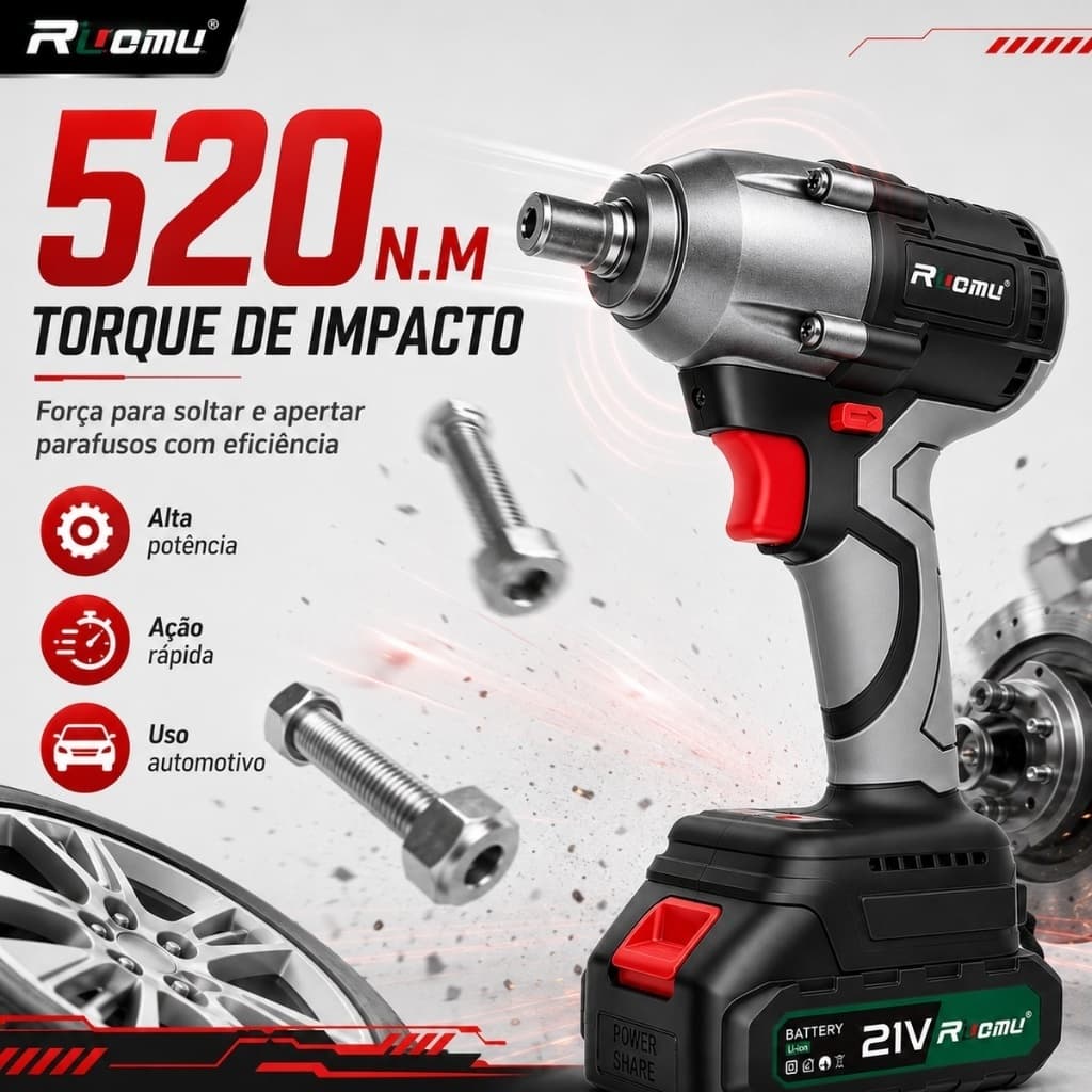 Chave de Impacto Parafusadeira Furadeira Elétrica 520N.m com 2 Bateria Motor Brushless, parafusadeira de impacto