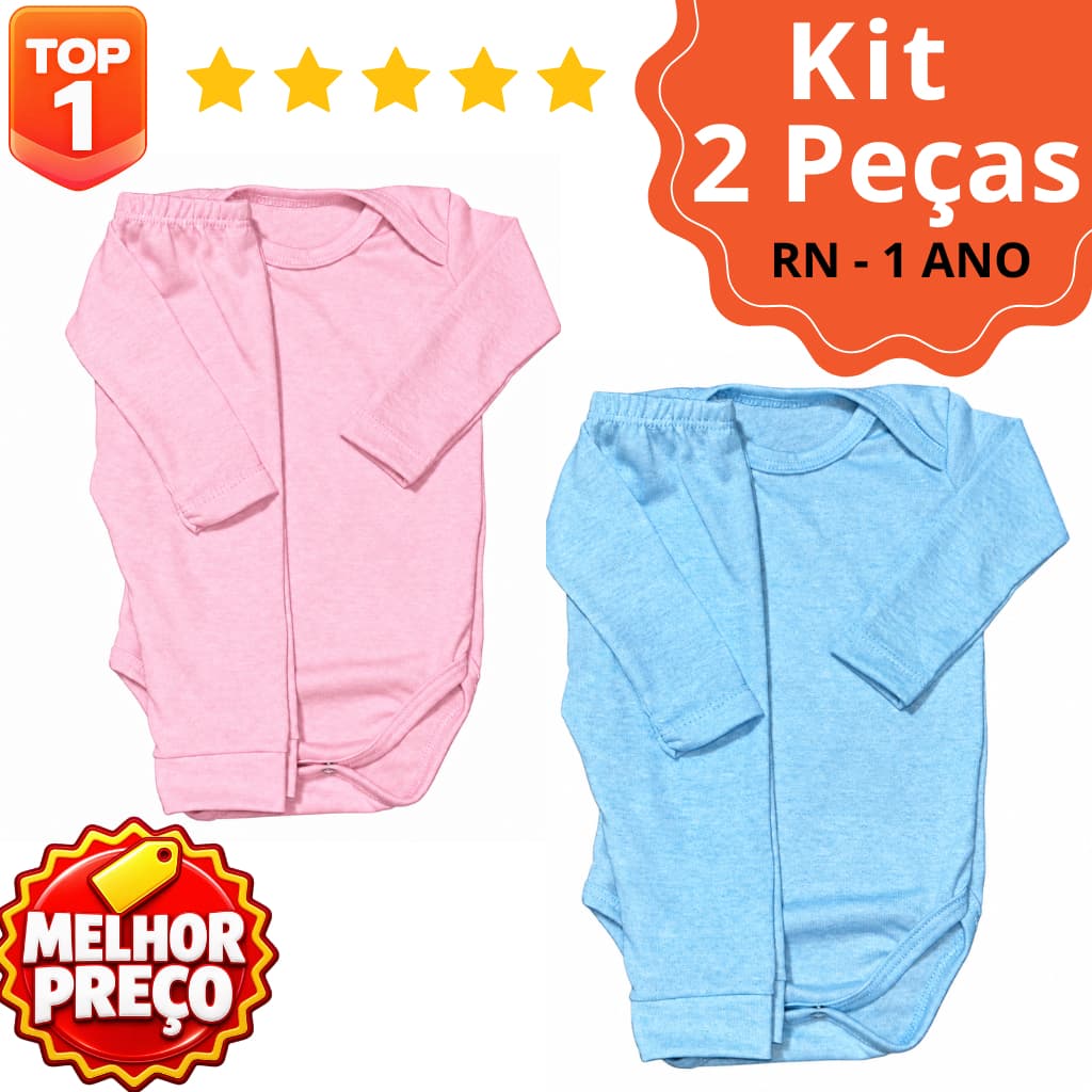 Kit Enxoval Bebê 2 Peças Body Calça 100% Algodão Manga Longa Menino e Menina Kit Mijão Rn - 1 Ano