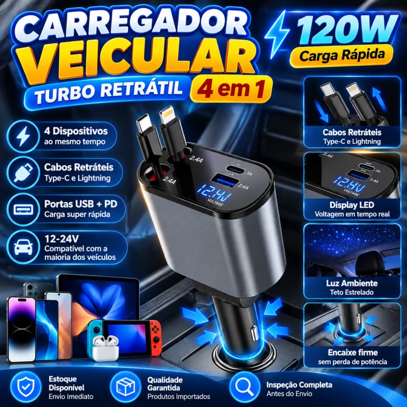 Carregador de carro retrátil com luz LED, carregador de carro rápido 4 em 1 de 120 W para iPhone e Samsung