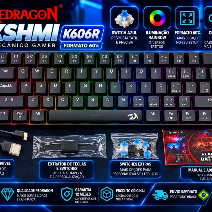 Teclado Mecanico Gamer Redragon Lakshmi K606R Rainbow ABNT2 Preto Switch Azul Compacto 60% Cabo USB-C Original