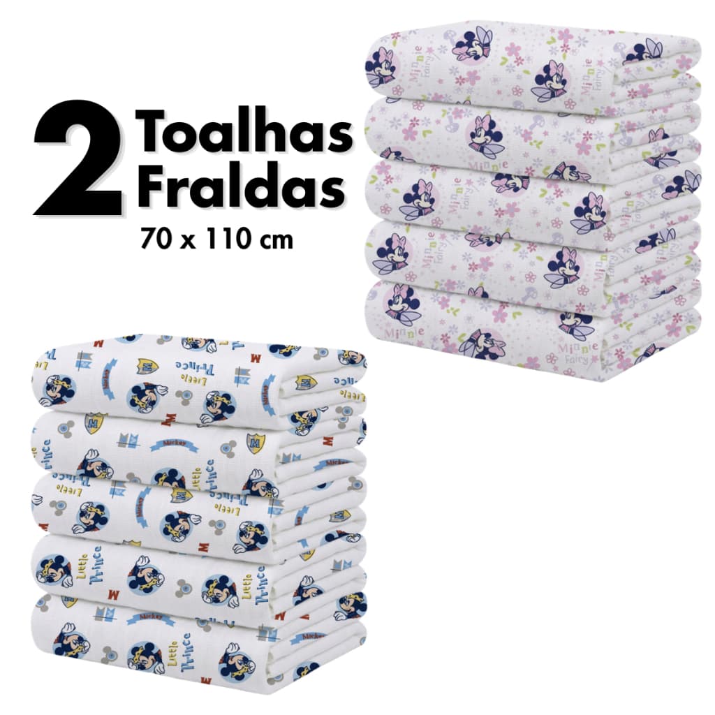 Pacote 2 Toalhas Fralda Disney Bebê Mickey ou Minnie 110cm x 70 cm 100% Algodão Minasrey Enxoval E Banho Recem Nascido