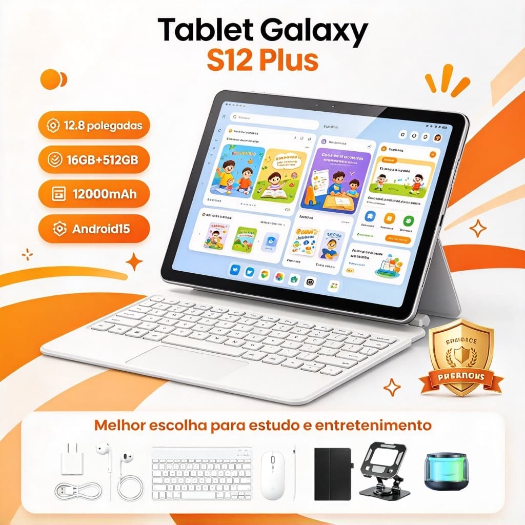 【Teclado e mouse gratuitos】Tablet S12 Plus de 12,8 polegadas, 16 GB + 512 GB, Android, 5G, ideal para estudos e trabalho