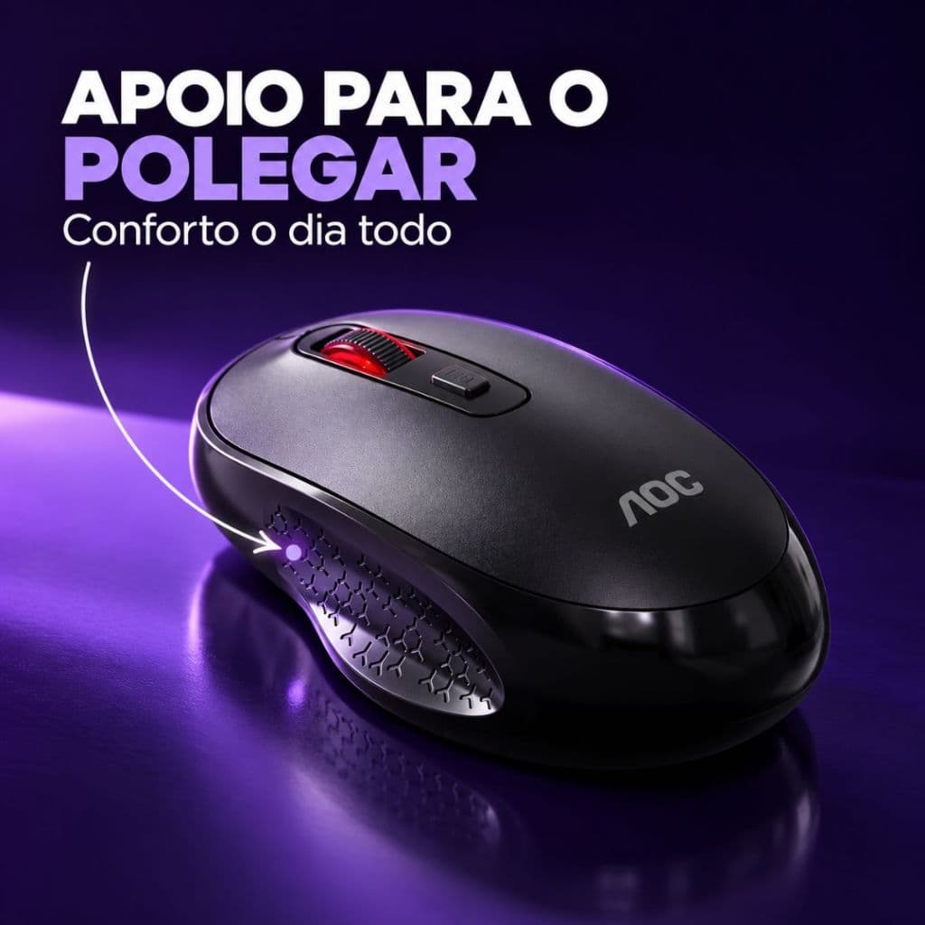 Mouse Sem Fio AOC MS400 Ergonômico Apoio para Polegar 1600 DPI Wireless 2.4GHz Office Notebook PC