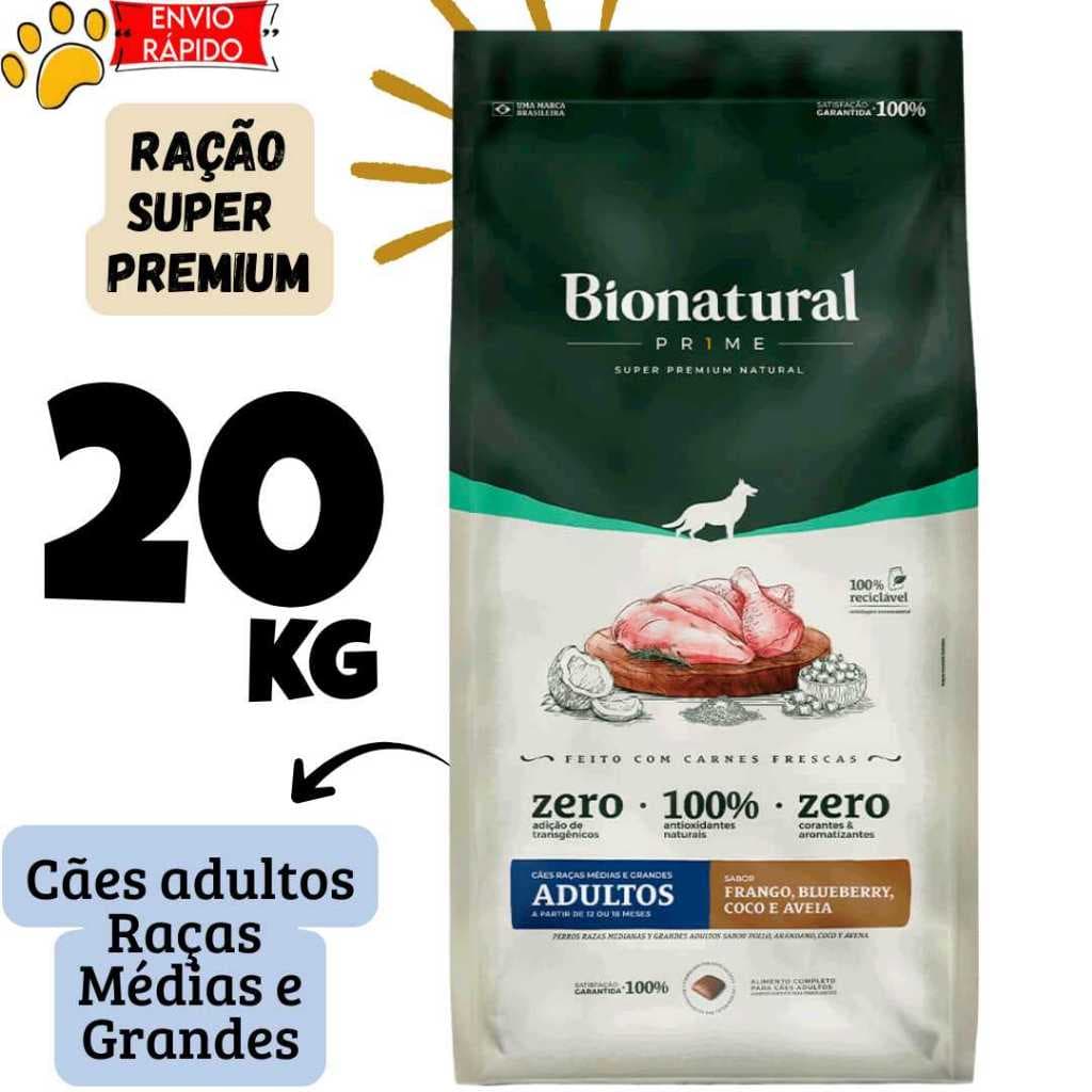 Ração Bionatural Prime Super Premium Natural 20kg Cães Adultos Raças Médias e Grandes Frango