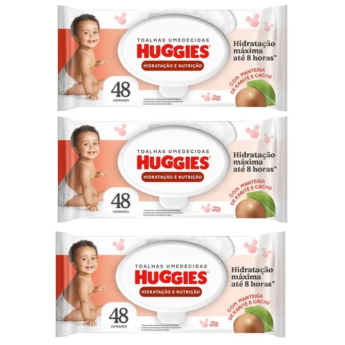Kit 3 Lenços Umedecidos Huggies Hidratação e Nutrição Contra Assaduras 48 unidades cada