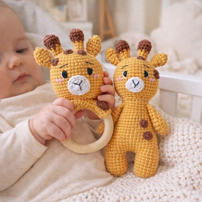 Kit Girafa Amigurumi + Mordedor Sensorial em Madeira | Chocalho para Bebê | Crochê Artesanal
