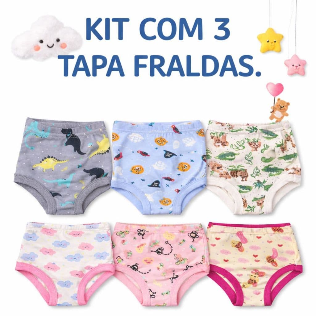 Kit 3 Tapa Fraldas Infantil e Bebê Algodão Menino e Menina Cueca e Calcinha 0 a 2 anos Confortável Estampado Para Calor