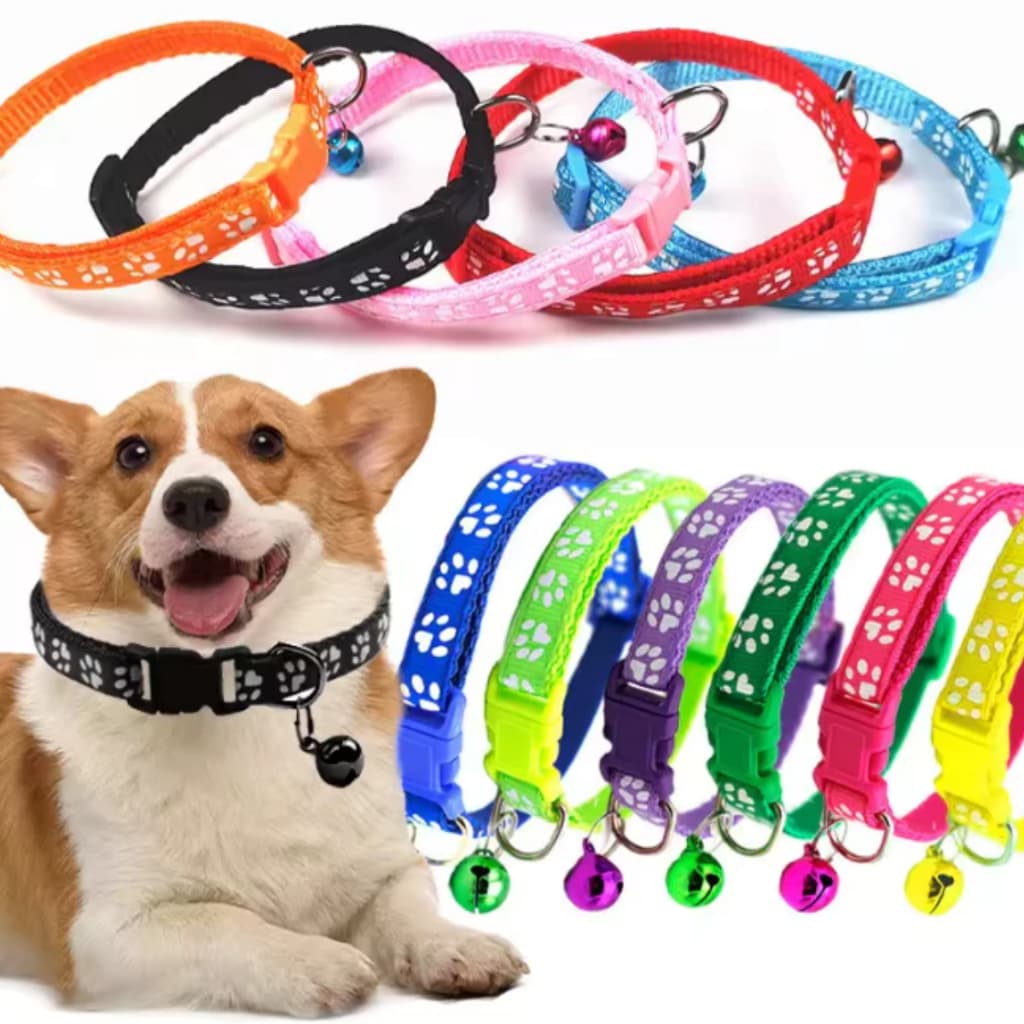 Indispensável para pets coloridos e fofos! Kit de 2 coleira e guia com sino