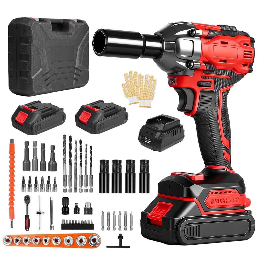 Kit Chave de Impacto Brushless 2 Baterias 55 Peças Parafusadeira Furadeira com Maleta
