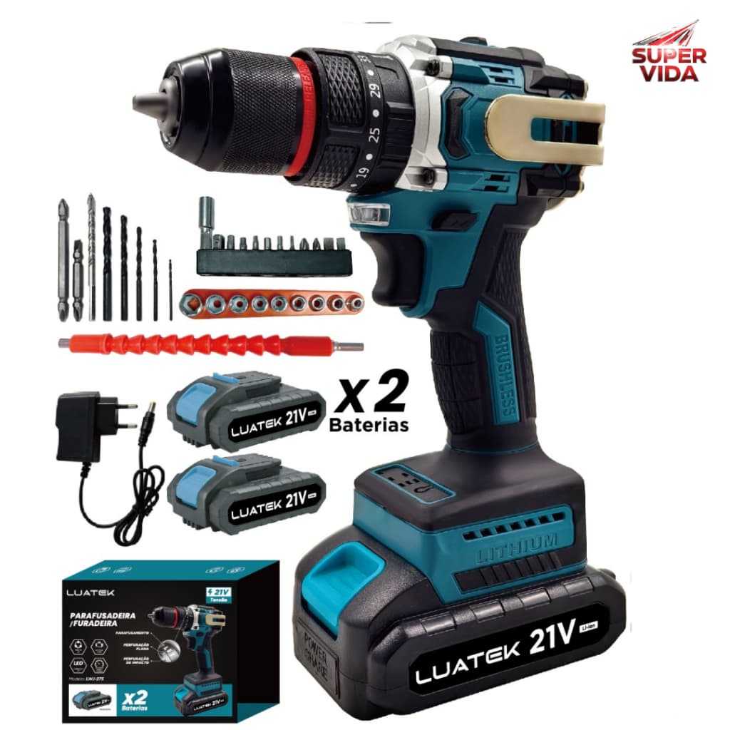 Parafusadeira Furadeira de Impacto Luatek 21V Brushless 2 Baterias Kit Completo Para Reformas