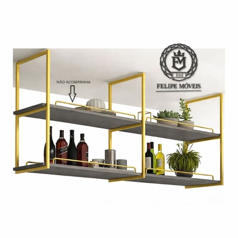 PRATELEIRA INDUSTRIAL SUSPENSA/PAREDE NICHO SUPORTES 50X25 DOURADO COM PRATELEIRA CINZA