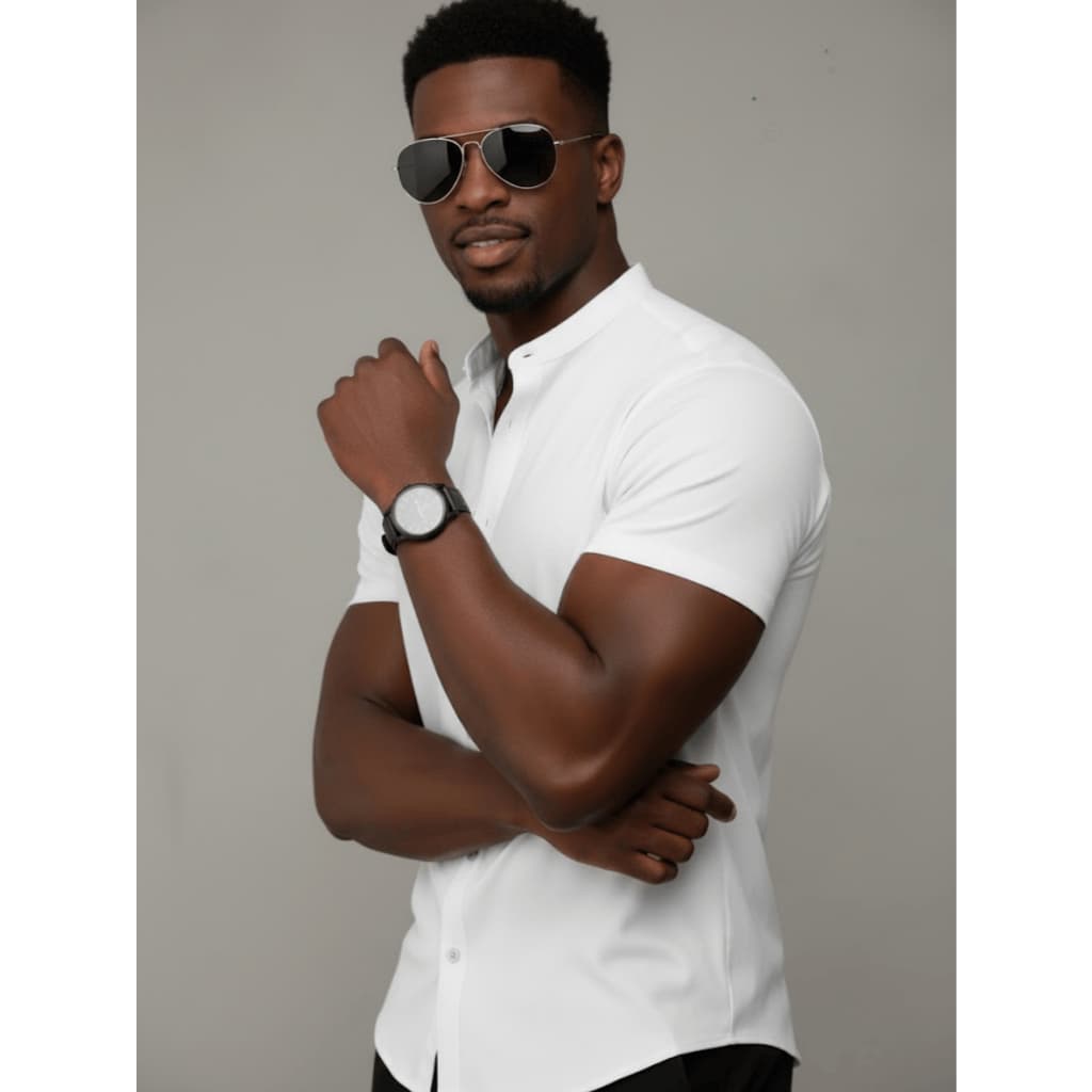 Camisa Social Masculina Manga Curta Slim Elegante Gola Mandarim Camisa que não Precisa Passar