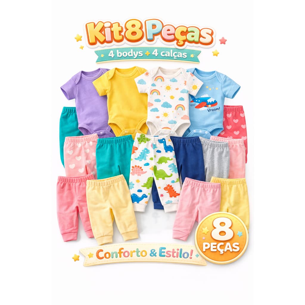 Kit 8 Peças Enxoval Bebê - Body e Calça Mijão 100% Algodão - Menino/Menina e Unissex - Roupa Recém Nascido Maternidade