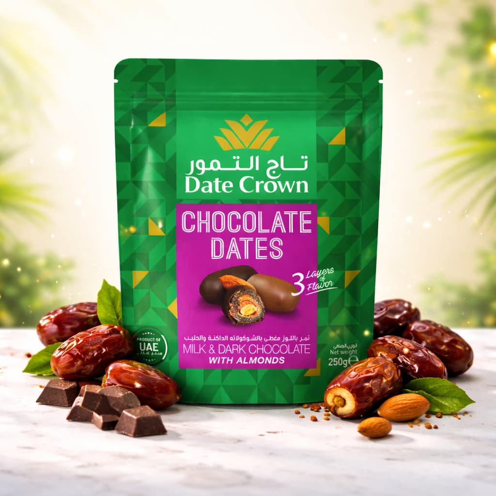 Tâmaras Date Crown 250g Importadas de Dubai – Cobertas com Chocolate Ao Leite e Dark Premium
