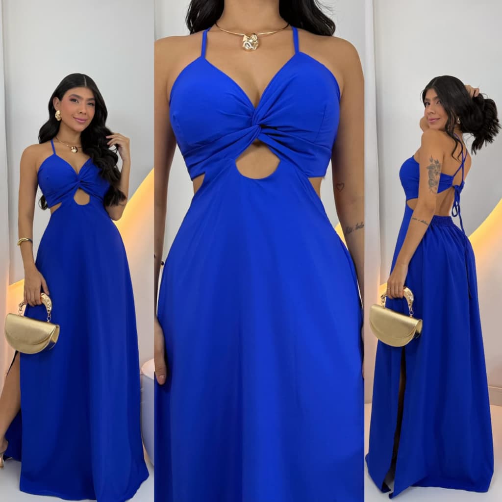Vestido Longo Feminino Liso Elegante Social Decote Detalhes