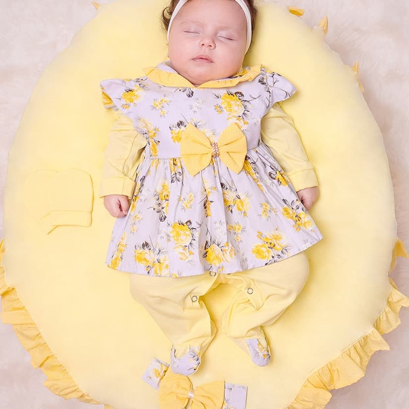 Saída de Maternidade para Bebe Menina com Vestido Belinha Amarela Enxoval Bebê 5 Peças Roupa de bebe