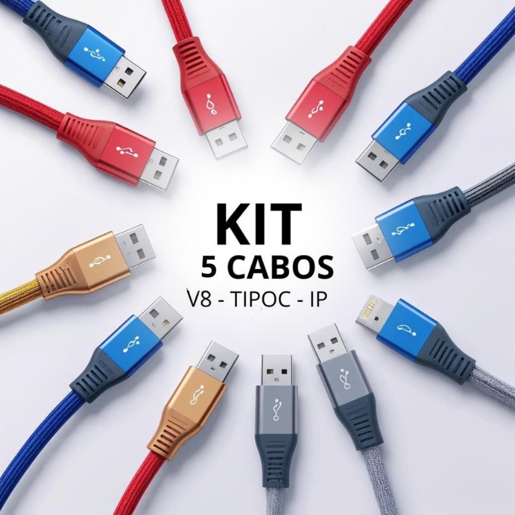 Kit 5 Cabos Carga Rápida Dados 1 Metro Resistente Tipo C com Adaptador Lightning