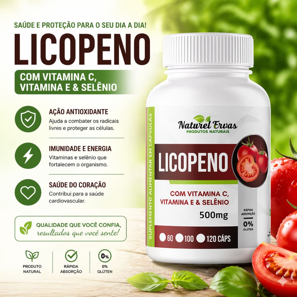 SUPLEMENTO LICOPENO 120 CÁPSULAS VITAMINA C, VITAMINA E & SELÊNIO