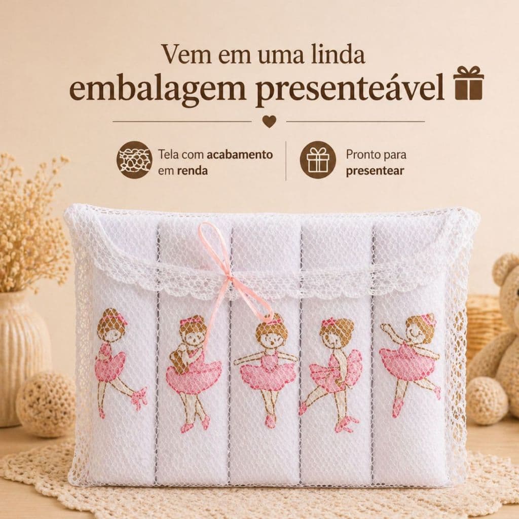 Kit 5 Fraldas Bordadas Bebê 70x70cm 100% Algodão Tecido Duplo Enxoval Recém Nascido Menina