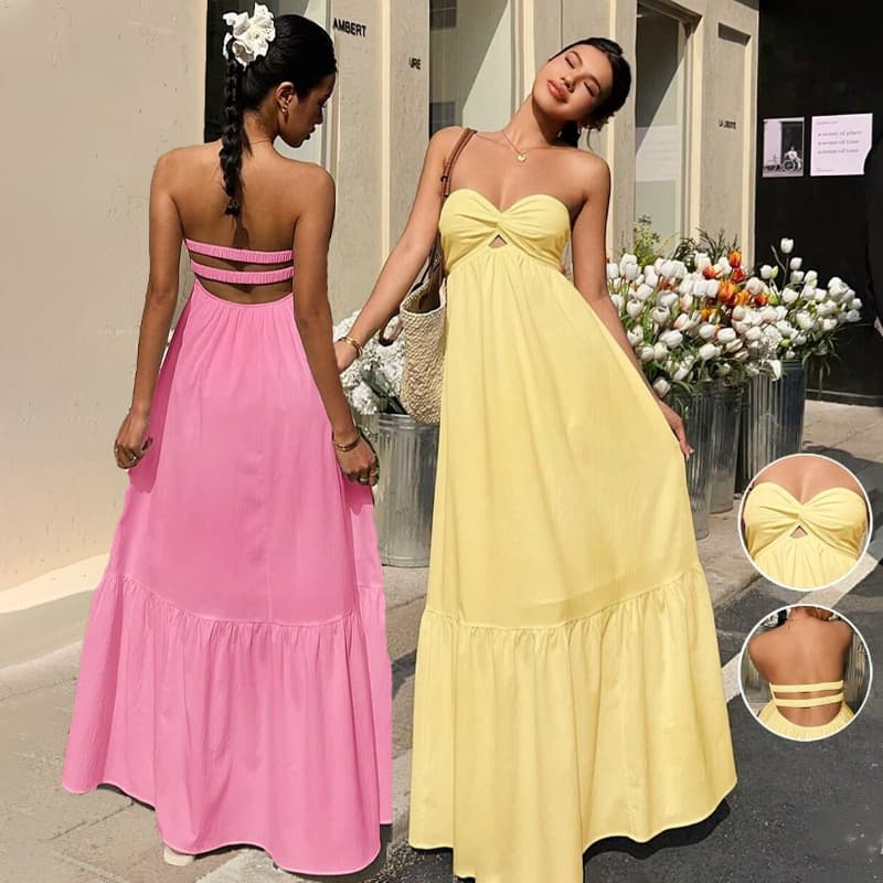 Vestido elegante feminino Longo sem alças Vestido maxi estilo boêmio Férias de primavera e verão