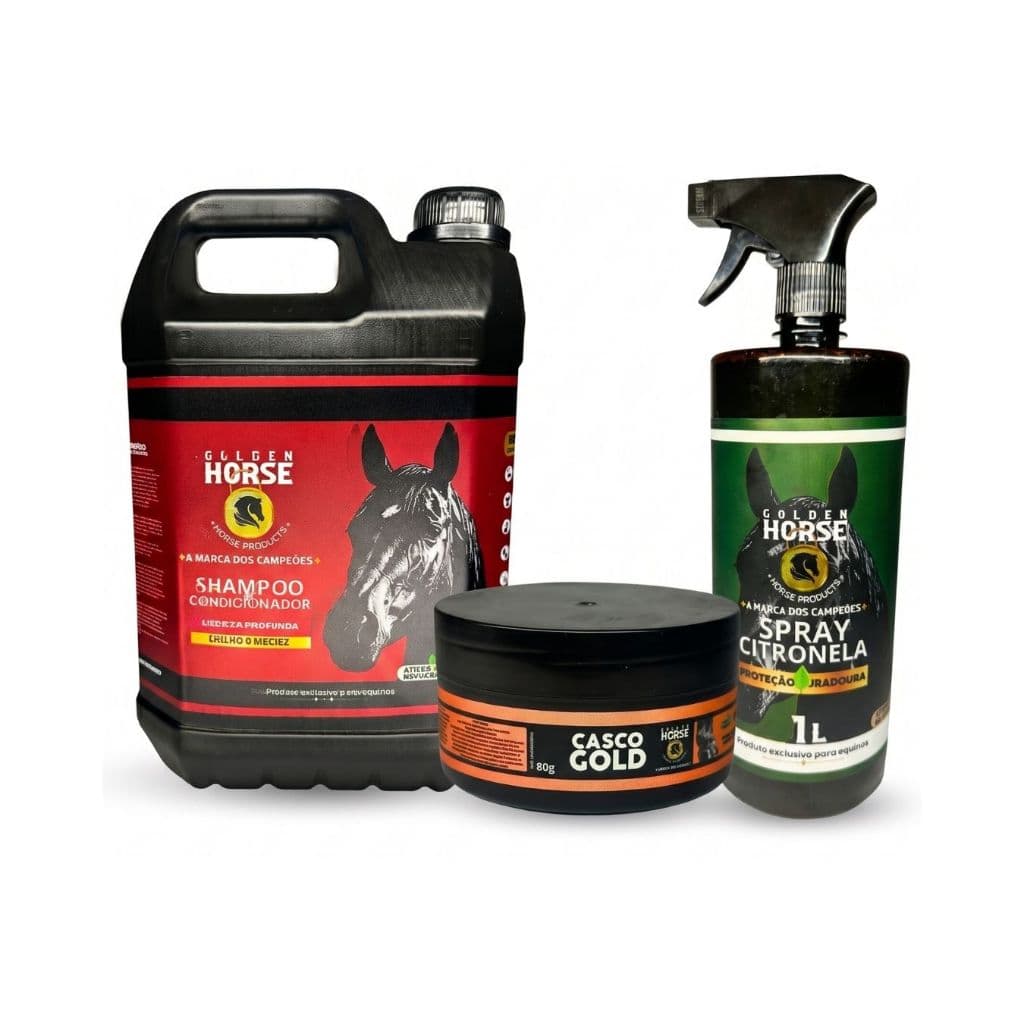 Kit Shampoo 5L + Repelente Citronela + Hidratante de Casco - Higiene e Proteção para Cavalos Golden Horse