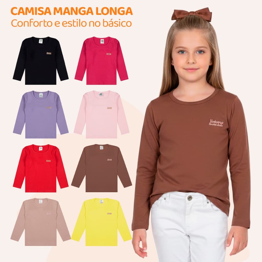 Kit 3 ou 5 Blusas Manga Longa Infantil Bebê Menina Algodão Lisa Feminino Inverno Quentinho de Frio