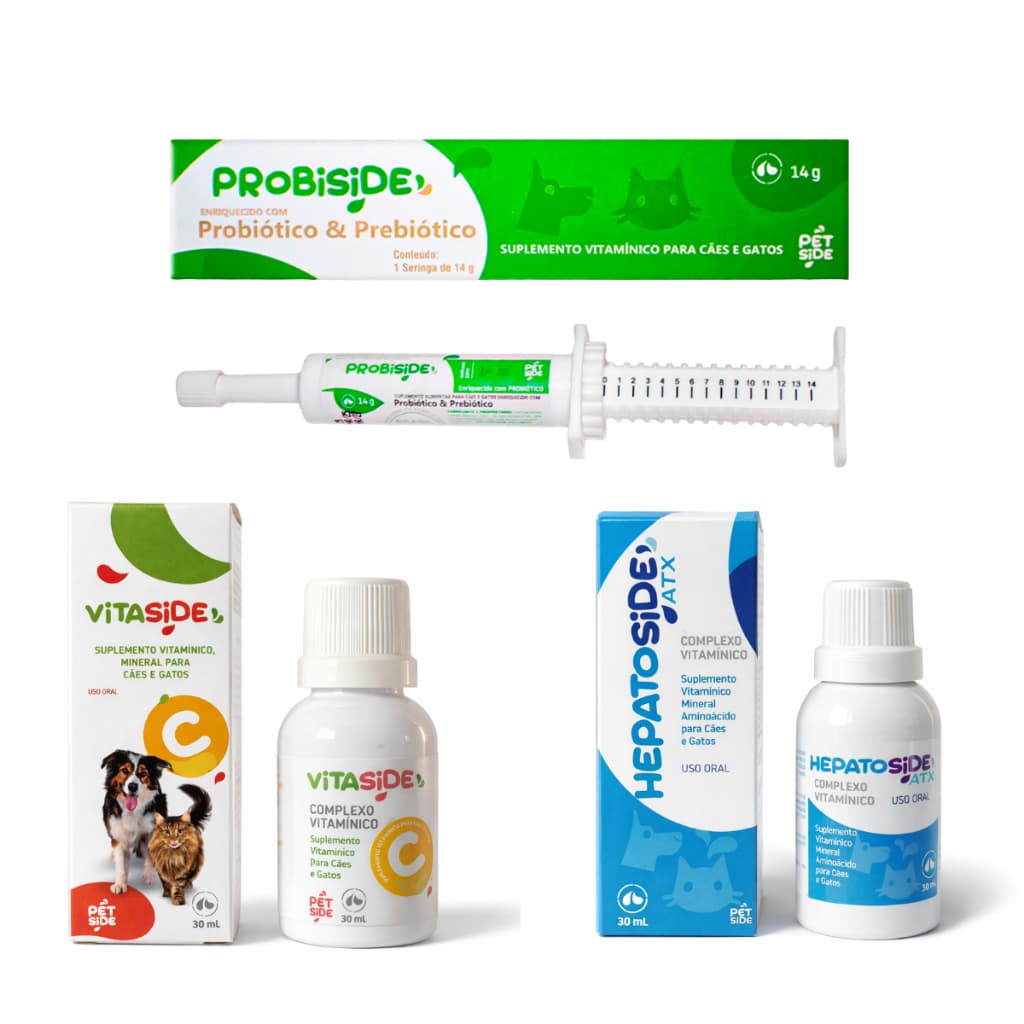 Kit Imunidade Fígado Intestino Suplemento Hepatoside ATX + Vitamina C + Probiótico para Cães Gatos