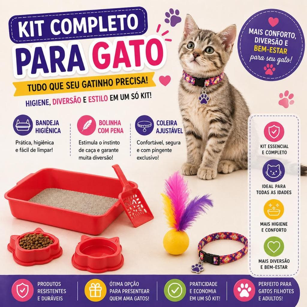 Kit para Gato Completo Caixa de Areia Gato Bandeja Sanitária + Coleira para Gato Ajustável + Brinquedo para Gato Bolinha