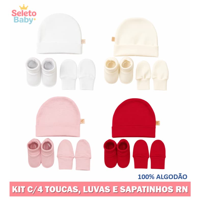 Kit 4 Toucas RN + Luvas + Sapatinho Bebê 100% Algodão Enxoval Maternidade Premium