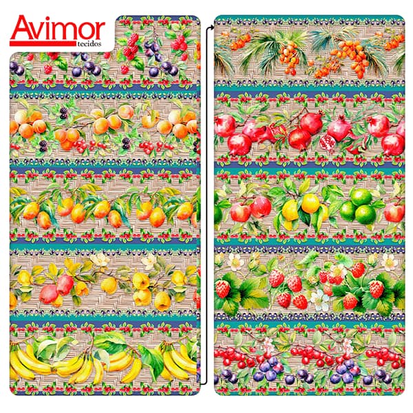 Tecido Tricoline Digital Barrado Frutas Silvestres Mesa Prato 100% Algodão Cozinha Chic Patchwork
