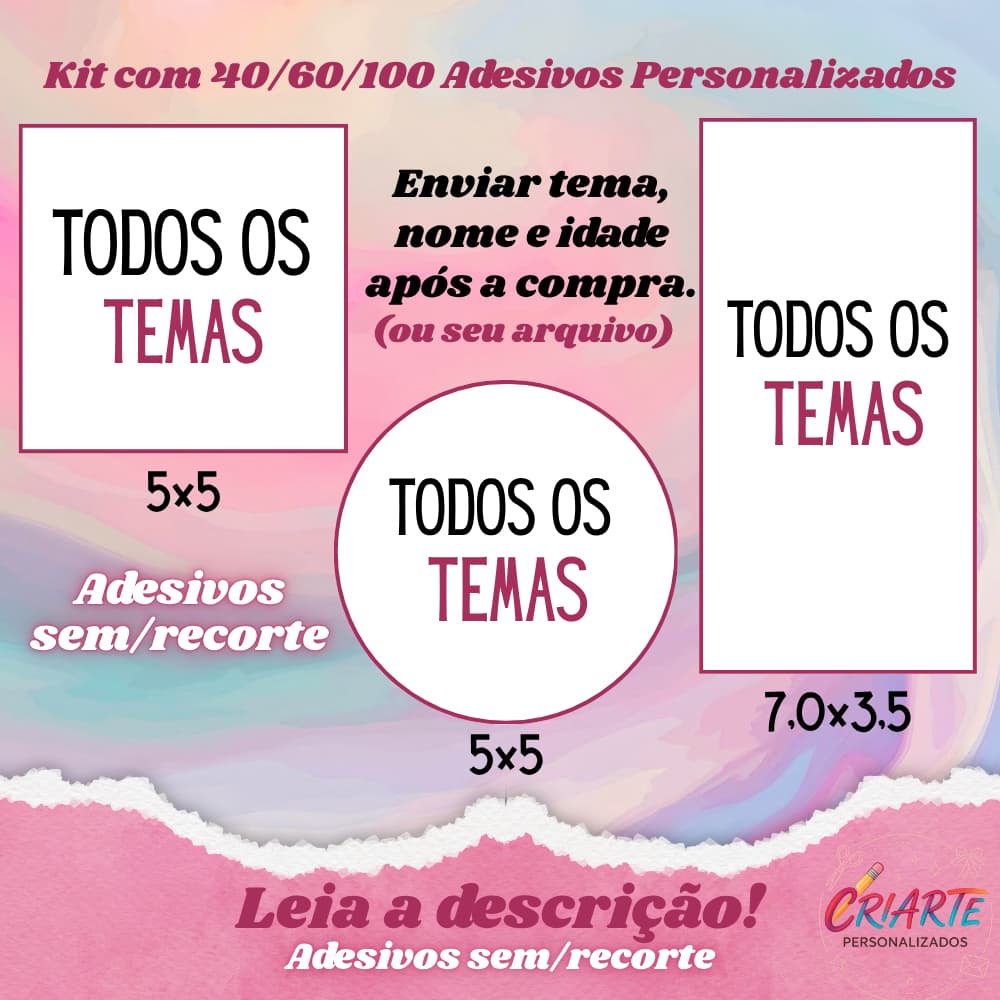SUA ARTE AQUI! Kit com 40/60/100 UND de Adesivos Personalizados S/RECORTE - Envio Rápido