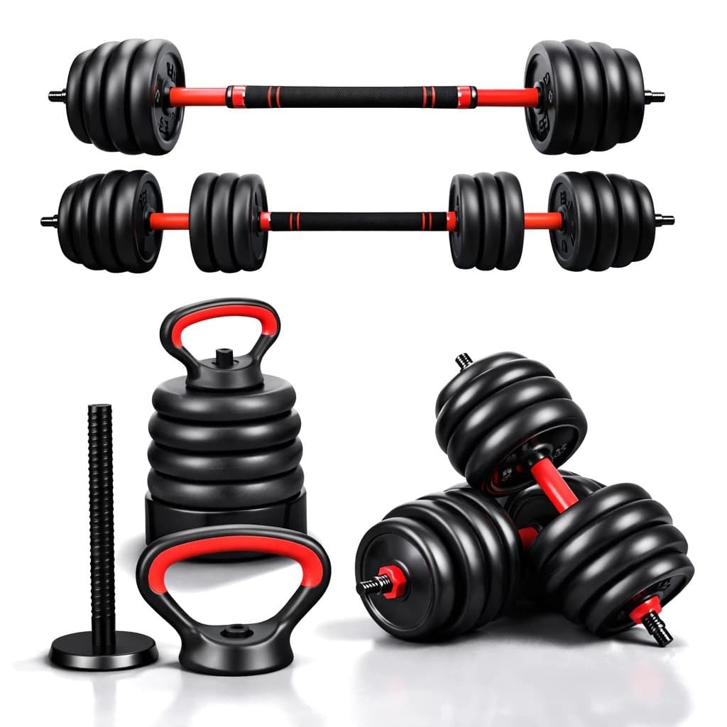Kit Halteres Barra Anilhas 6 em 1 Musculação Kettlebell Ajustável Academia Até 30kg