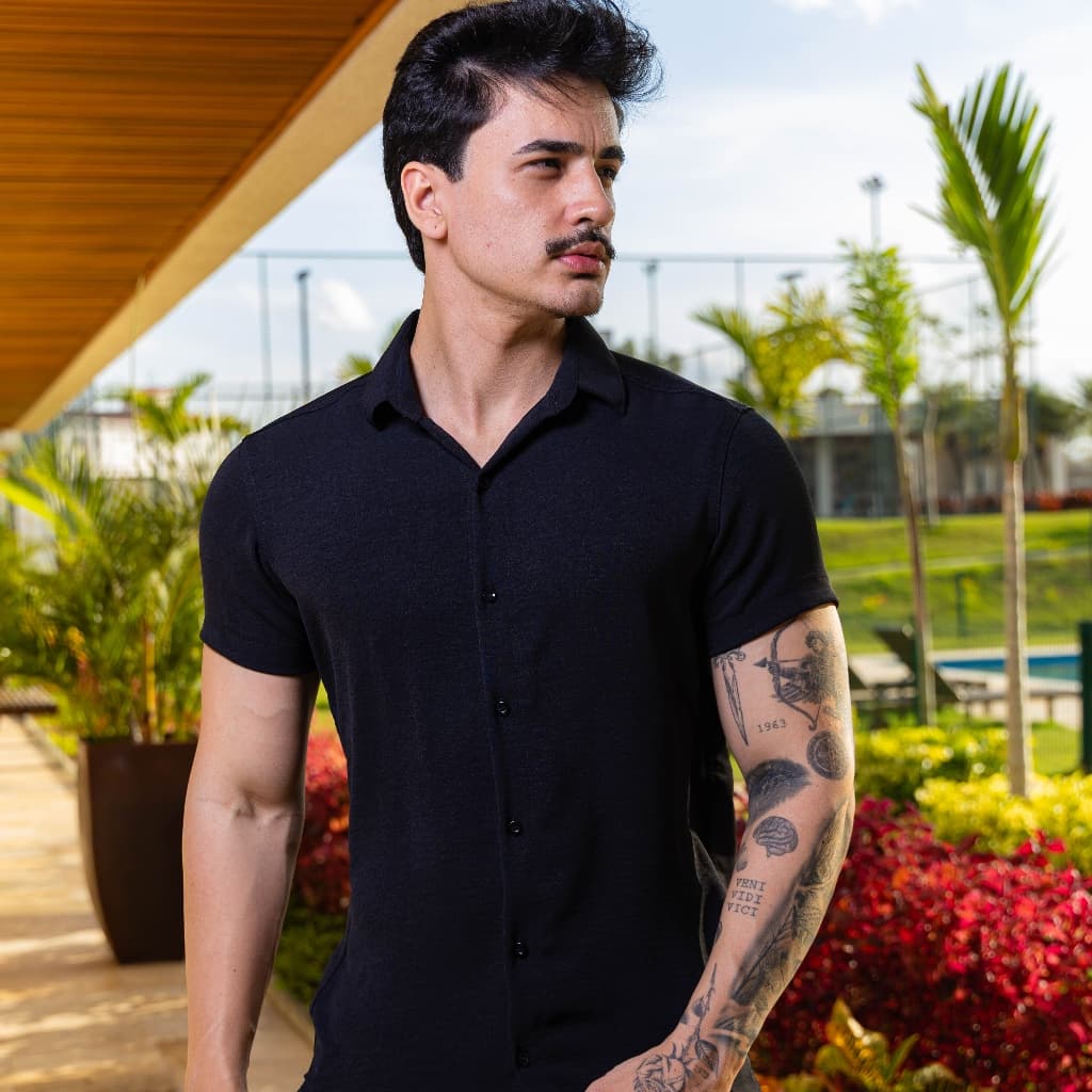 Camisa Masculina Social Manga Curta Slim Fit Texturizado Lycra Versátil