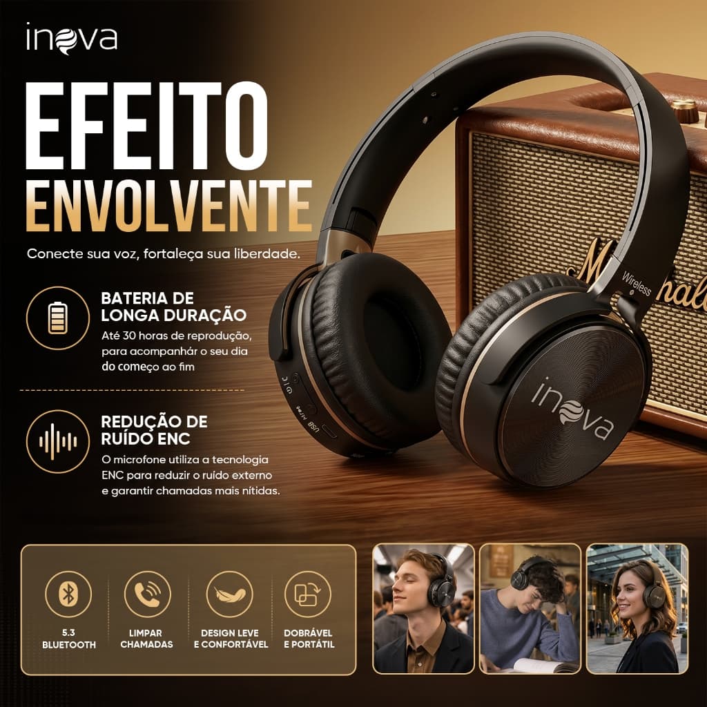 INOVA Fone Bluetooth Sem Fio Dobrável com Qualidade Som Hifi 5.4 Perfeito para Música, Chamadas Dia