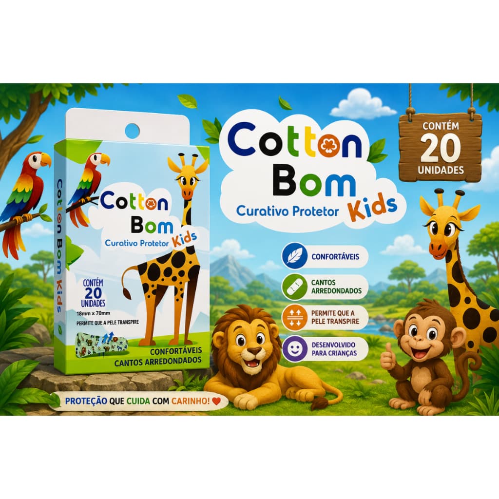 Curativo Protetor Kids Cotton Bom com 20 unidades Kit com 1/2/3 Unidades