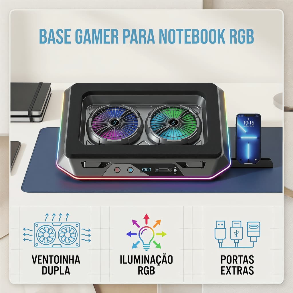 Suporte Base Gamer Refrigeração Para Notebook RGB Ajustável Tamanho GG 3000rpm DELTA-B3126GG