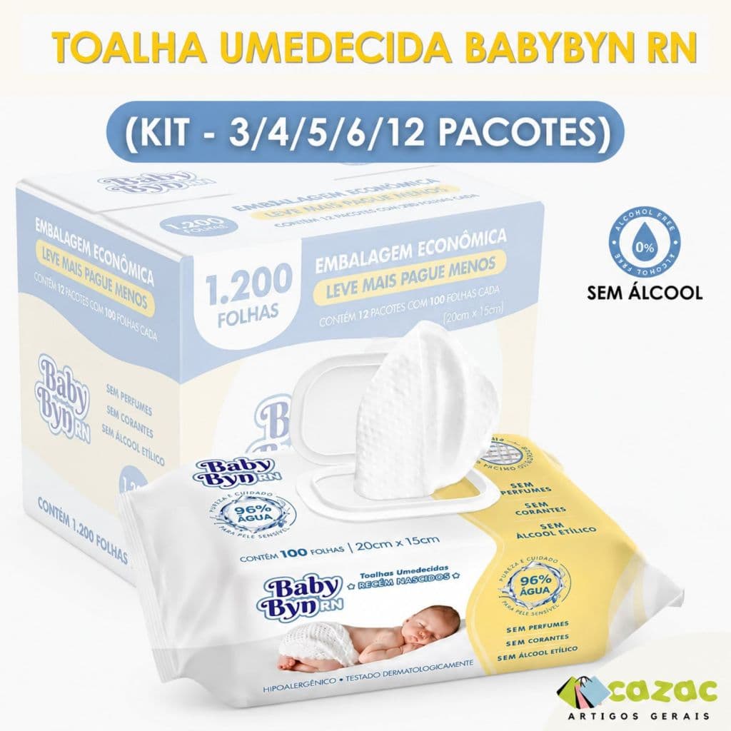 Kit Toalha Umedecida Baby Byn Folhas Sem Álcool Lenço Para Recém Nascidos 3/4/5/6/12 Pacotes