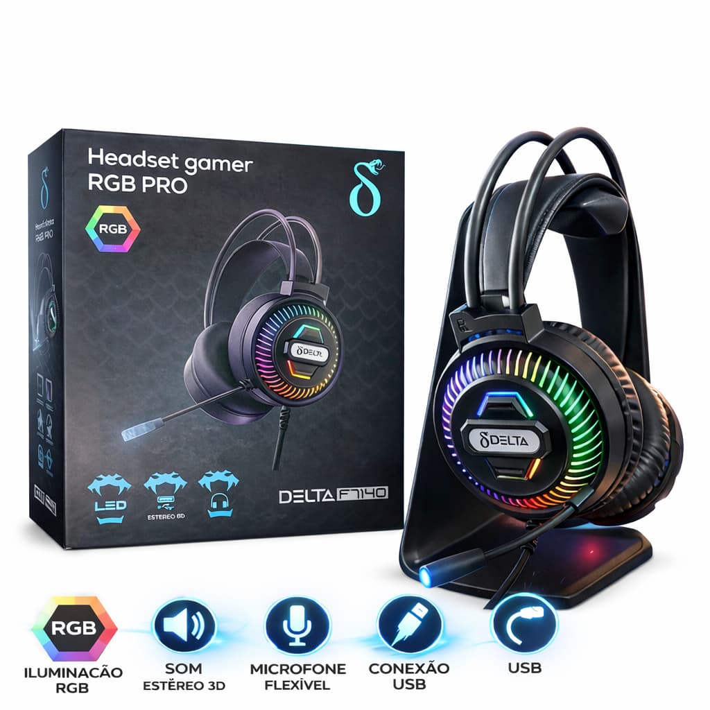Headset Gamer RGB PRO Delta FN40 com Microfone USB | Fone Gamer LED para PC e Notebook