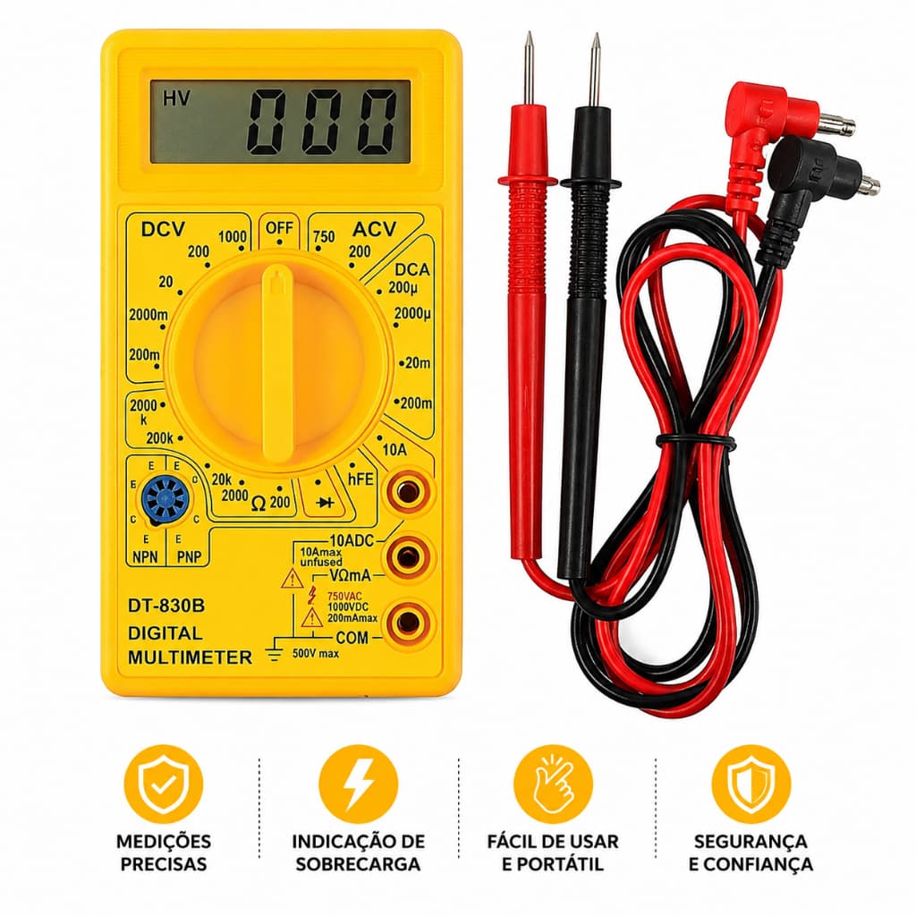 Multímetro Digital DT-830B com Bateria 9v Pontas de Teste Inclusa Sem Bipe