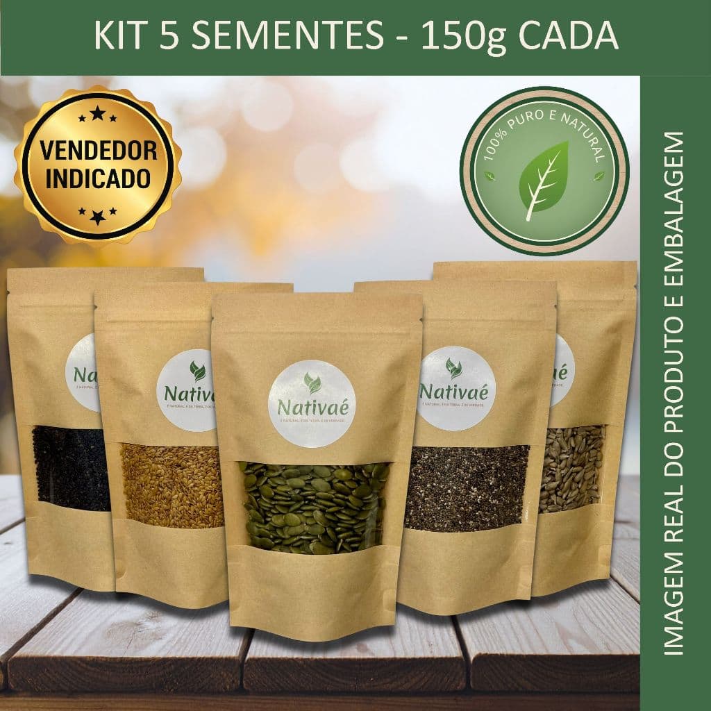 Kit 5 Sementes Saudáveis Premium 150g Cada - Chia, Linhaça Dourada, Abóbora AA, Girassol e Gergelim Preto