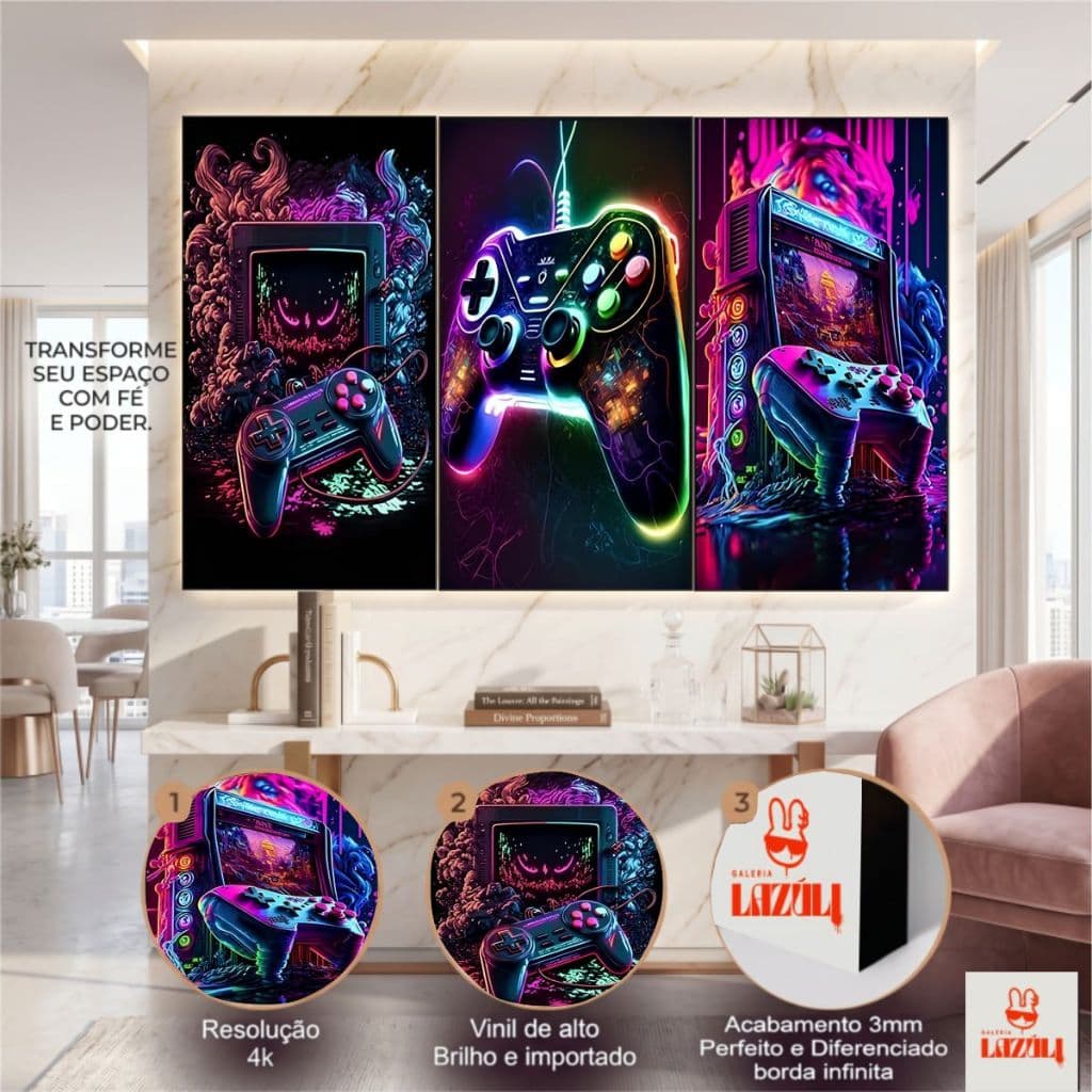 Kit quadros decorativos 3 peças tema hora do jogo video game controles para parede quarto sala