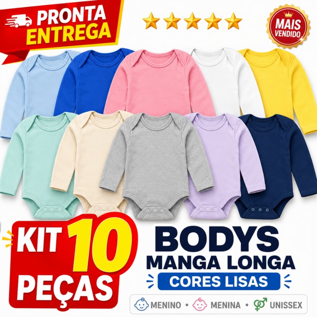 10 Unidades Body De Bebê Manga Longa Infantil Cores Lisas Menino Menina