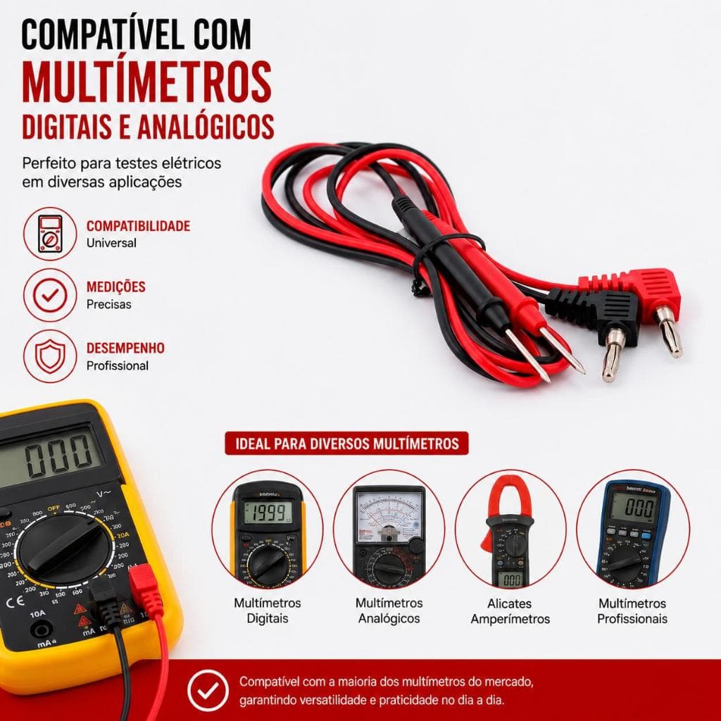 Cabo De Prova Para Multímetro Digital Analógico Pontas Banana Plug Universal Até 1000V Kit Completo