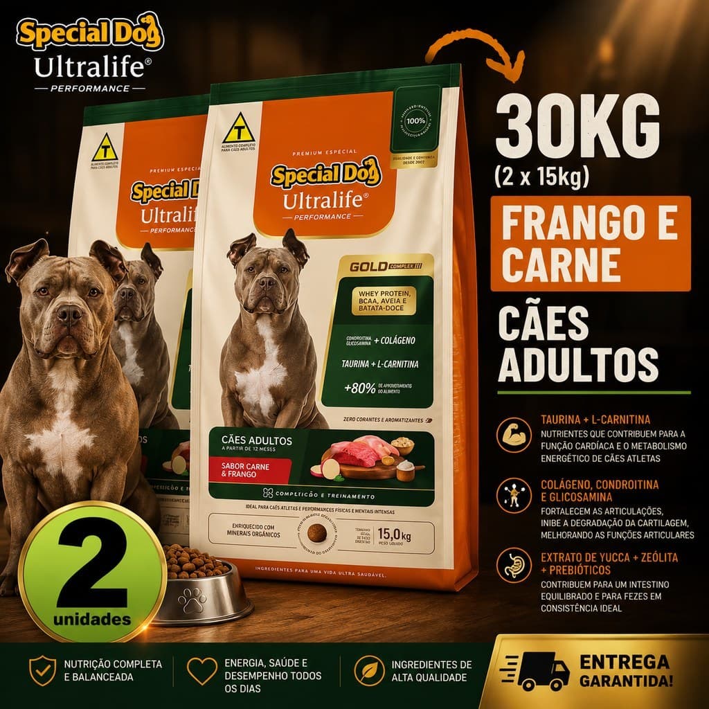 kit com 2 Ração Para Cachorro 15kg Special Dog Ultralife Gold Perfomance Adulto Carne Frango