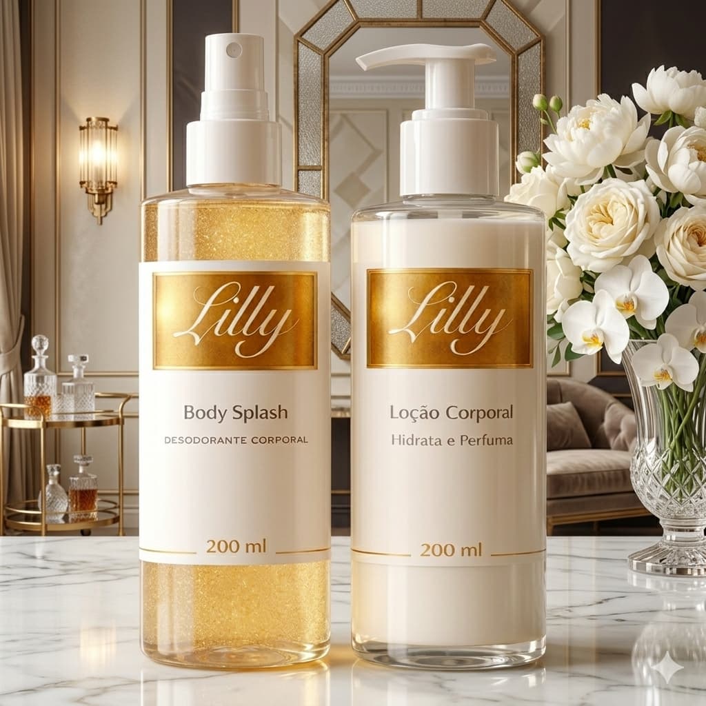 1 Kit Body Splash Lily com gliter 200Ml + 1 Hidratante Corporal  Lily 200ML Mulher Cheirosa Feminino Presente