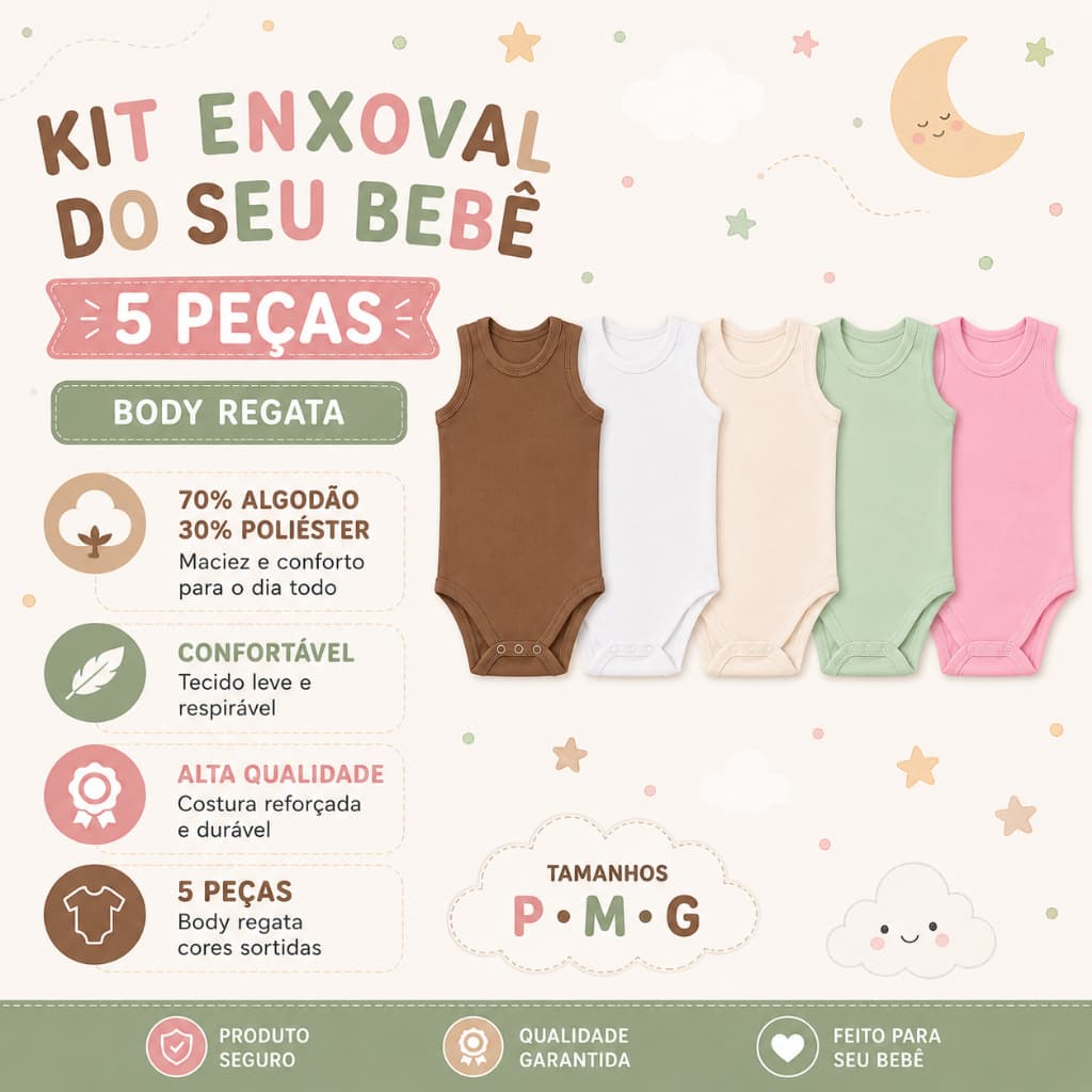Kit 5 Peças Body Regata Bebê Menina e Menino Infantil Tecido Canelado