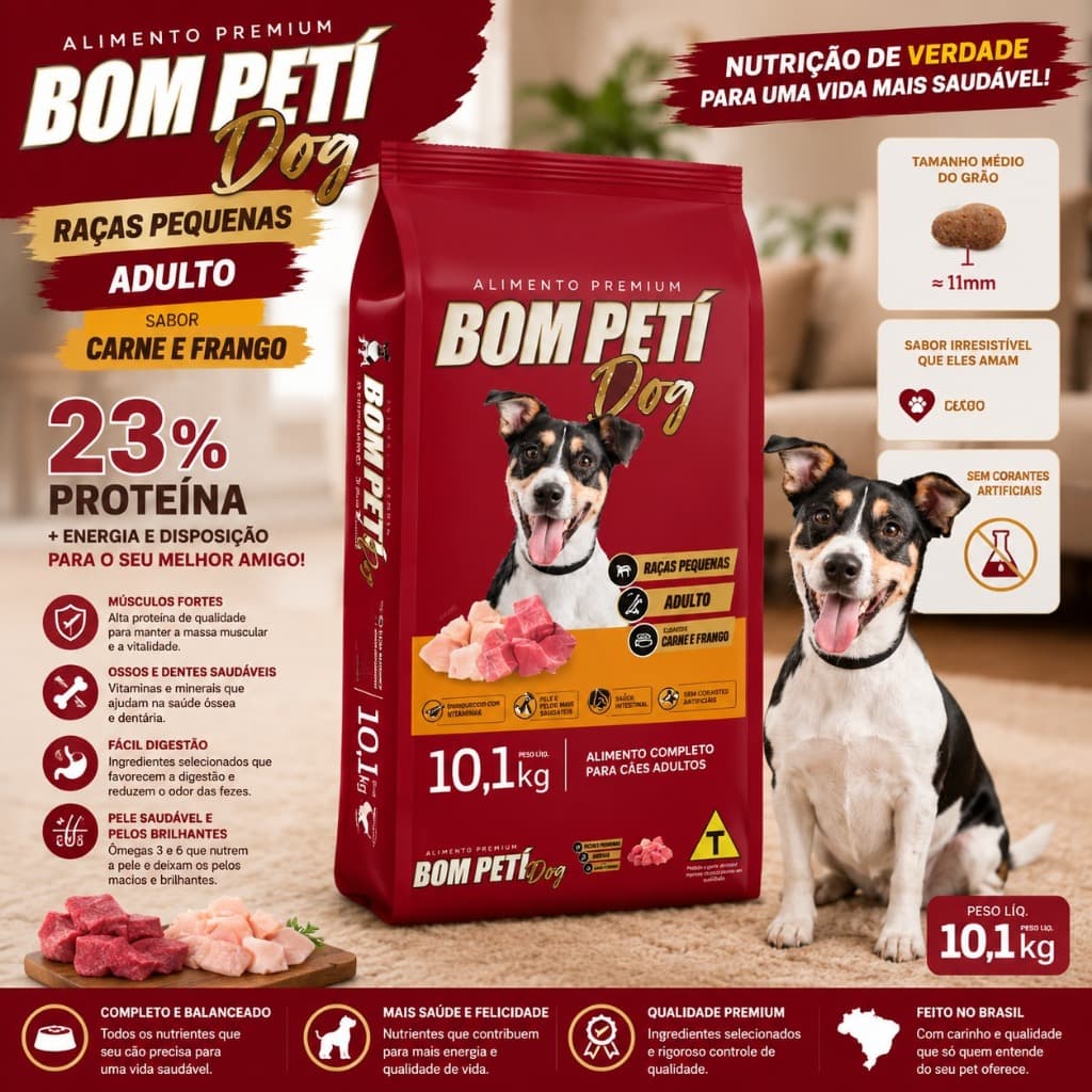 Ração Cachorro Raças Pequenas 10Kg Bom Petí Sabor Carne Frango 23% Proteína