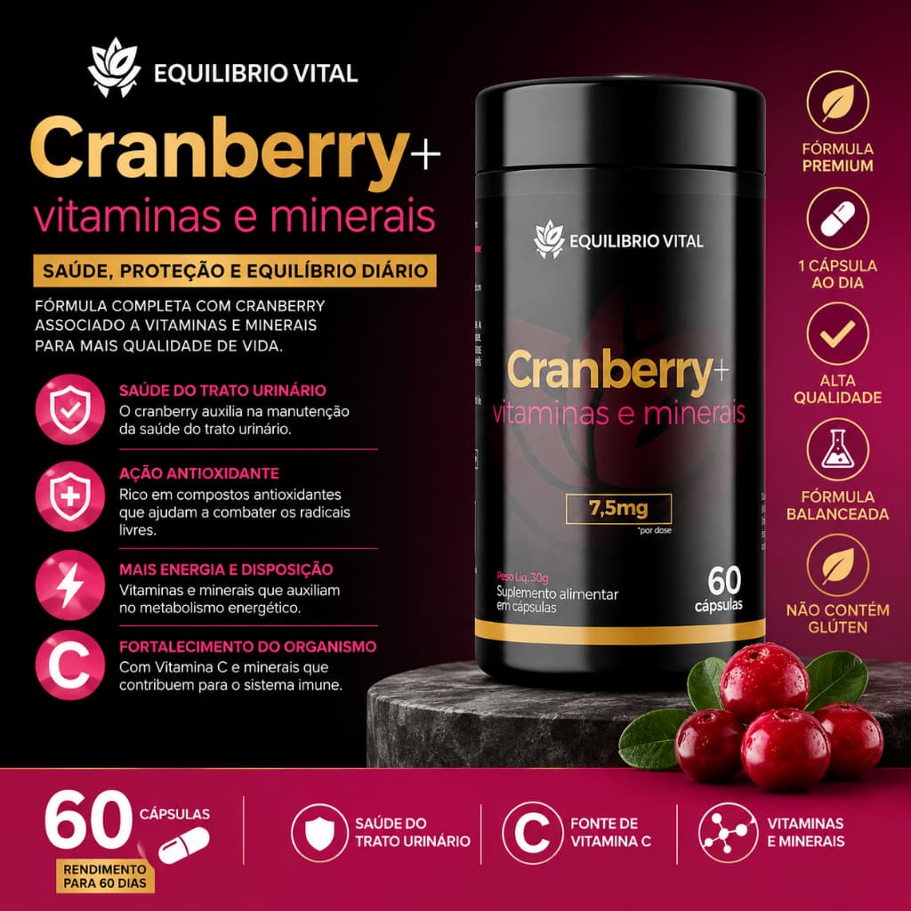 Cranberry + Vitaminas e Minerais 60 Cápsulas | Vitamina C, Zinco e Selênio | Equilíbrio Vital